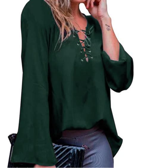 Blusa Camisa Feminina Decote Ilhos Manga Longa Flare Cord O Mercadolivre