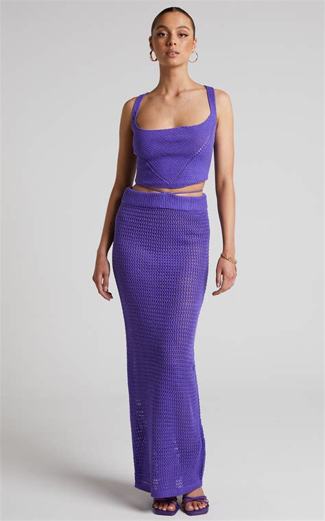 Aveda Two Piece Set Crochet Lace Up Back Crop Top And Maxi Skirt In