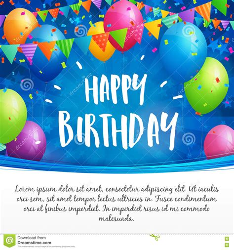 Happy Birthday Greeting Card With Balloons Flags And Confetti Stock