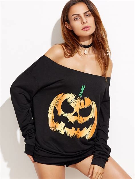 Shop Black Halloween Pumpkin Print Off The Shoulder Sweatshirt Online