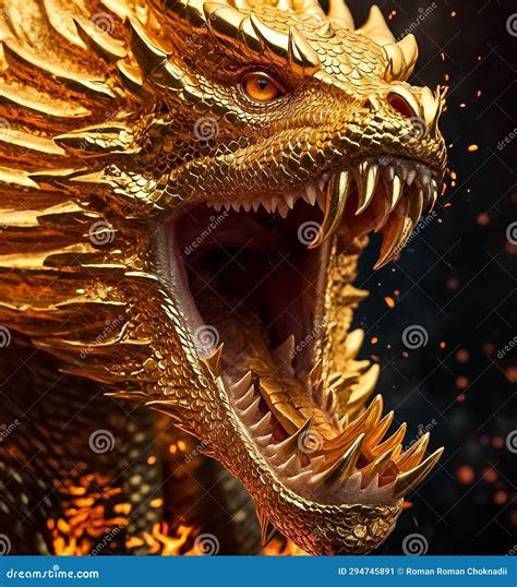 A Dragon Made Of Gold With Gold Scales Golden Dragon With Teeth And