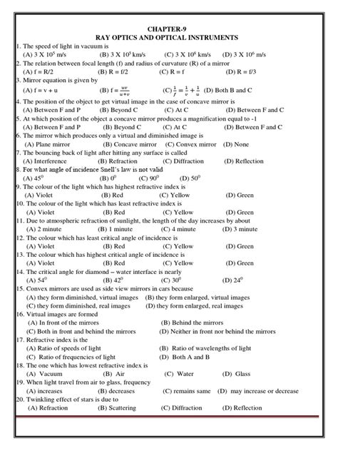 Chapter 9 Ray Optics And Optical Instruments Pdf Optics Mirror