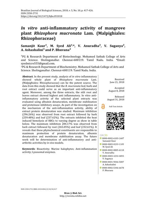 In Vitro Anti Inflammatory Activity Of Mangrove Plant Rhizophora