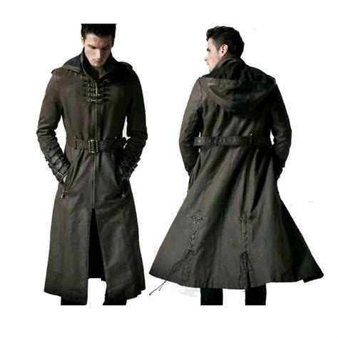 Mens Real Leather Hooded Coat Military Steampunk Gothic Style Trench Long Coat Ebay