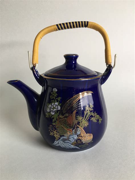 Cobalt Blue Gold Ceramic Teapot Peacock Design Etsy