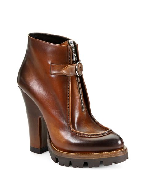 Prada Leather Zipperdetail Platform Ankle Boots In Brown Teak Lyst