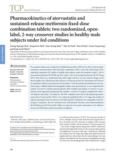 Pdf Pharmacokinetics Of Atorvastatin And Sustained Release Metformin