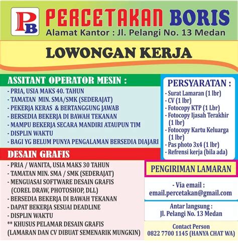 Lowongan Kerja Sma Smk Medan Terbaru November Di Percetakan Boris