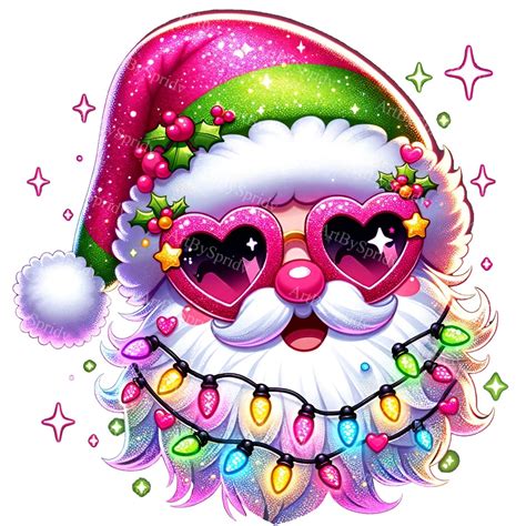 Santa Claus Head Clipart With Xmas Hat & Lights Digital PNG for T-shirts, Mugs, Tumblers ...