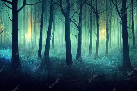 Premium Photo Dark Night Forest With Glow Dark Tree Trunks In The Fog