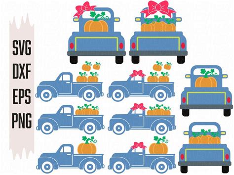 Blue Pick Up Truck With Pumpkins On The Back And Bows In The Bed Svg File