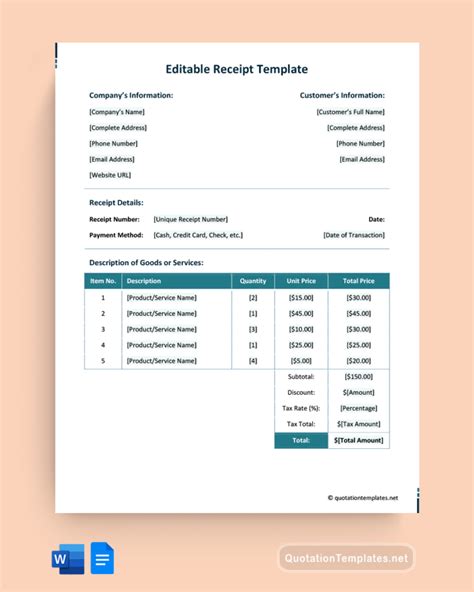 Editable Receipt Template - Word, Google Docs