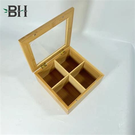 Natural Bamboo Wood 4 Compartment Tea Bag Storage Chest Multipurpose