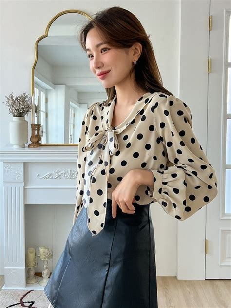 Dazy Polka Dot Print Tie Neck Puff Sleeve Blouse Shein Asia Polka Dot Tie Polka Dot Print