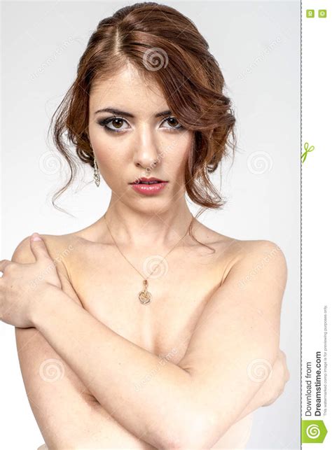 Portrait Of Brown Haired Romantic Girl With Naked Back Stock Photo Image Of Embracing Hand