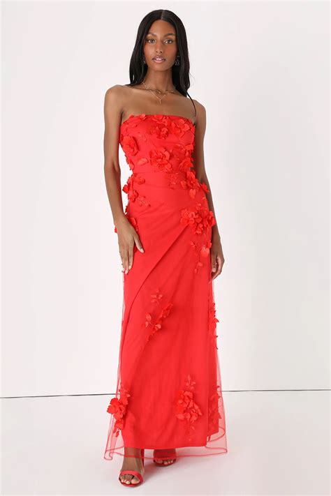 Remarkable Refinement Red Floral Strapless Maxi Dress Strapless Maxi