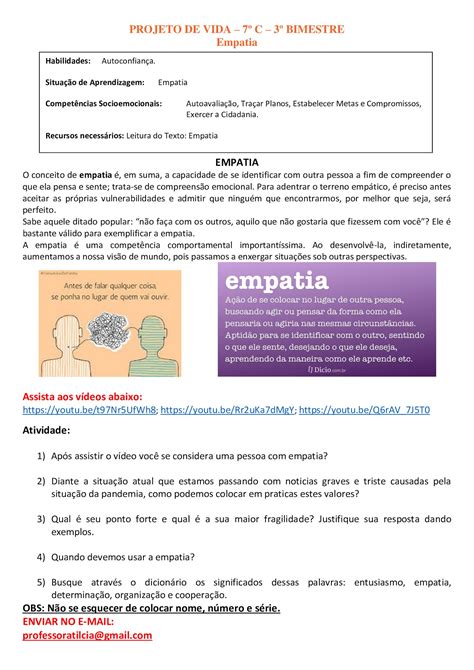 Atividades Projeto De Vida 7 Ano BRAINCP