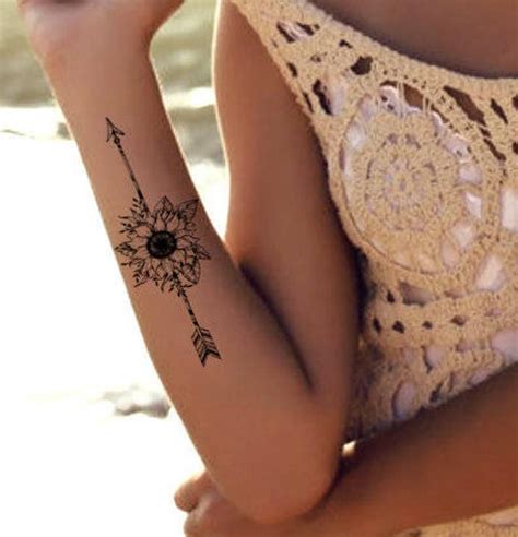 Tatuaje Temporal Boho Flecha Girasol Boho Tatuajes Realista Etsy Hand