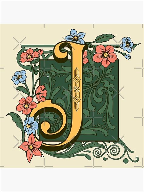 Póster Art Nouveau letra J adorno de monograma dorado letra