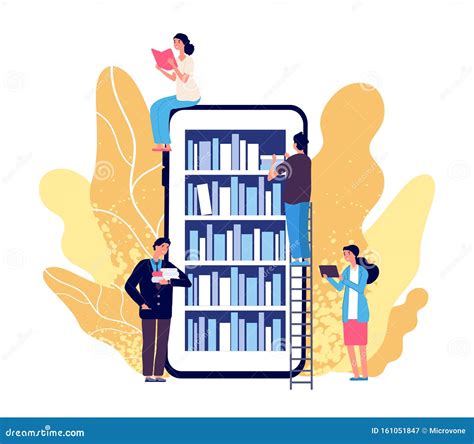 Online Library. People Reading Books. Vector Smartphone with Reader App ...