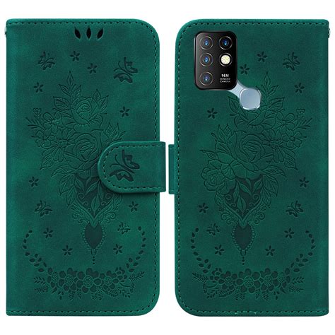 For Infinix Hot 10 X682 Butterfly Rose Embossed Leather Phone Case Green