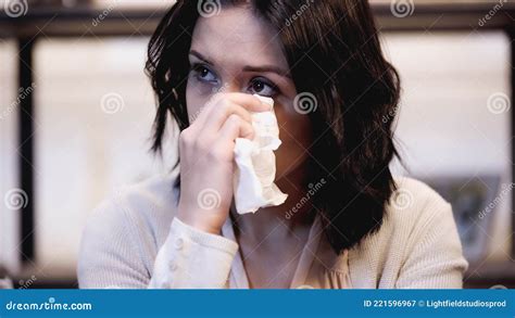 Crying Brunette Woman Wiping Tears With Stock Image Image Of Indoors Upset 221596967