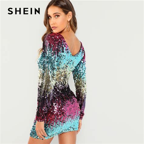 Shein Multicolor Party Sequins Iridescent Skinny Round Neck Long Sleeve