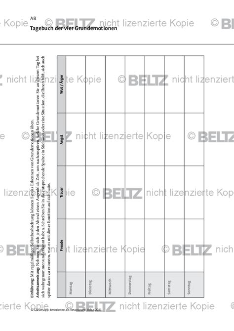 Emotionsregulation Tagebuch Der Vier Grundemotionen Psychotherapie Tools