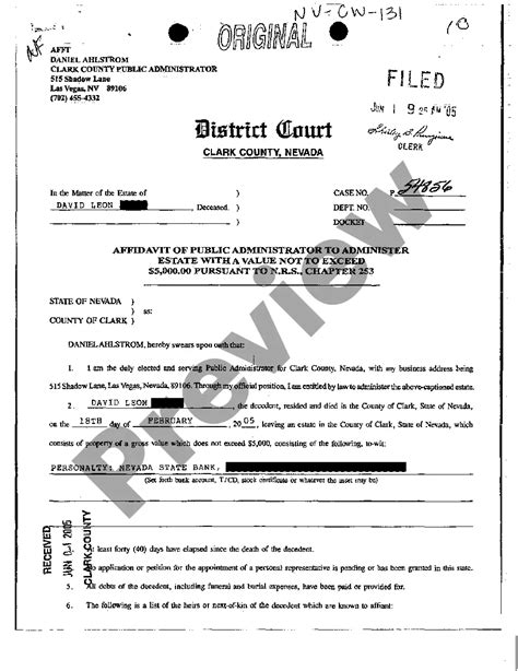 Nevada Affidavit Of Public Administrator To Administer Estate With A Value Not To Exceed 5000