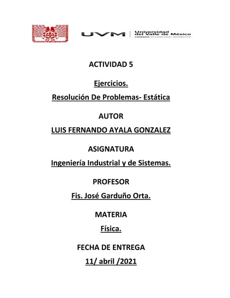 A05 AGLF Ejercicio 5 De Fisica Uvm San Rafael ACTIVIDAD 5 Ejercicios