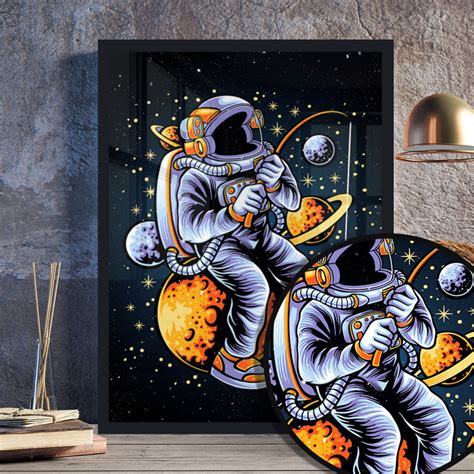 Quadro Astronauta Pescando Planetas Universo Lua Sol Elo