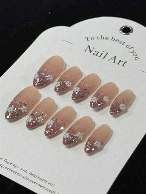 Pcs Handmade Almond Shape Nude Glitter Flower Designed Press On Nails