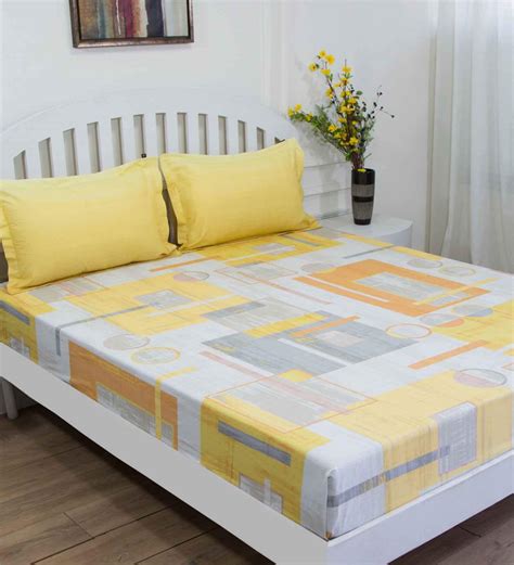 Buy Yellow Geometric 144 Tc Cotton Queen Sized Bed Sheets With 2 Pillow