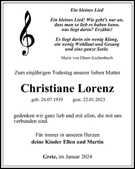 Traueranzeigen Von Christiane Lorenz Trauer In Thueringen De