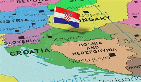 Croatia Zagreb National Flag Pinned On Political Map Stock