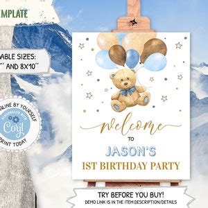 Editable Teddy Bear Welcome Sign Printable Birthday Etsy