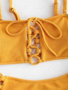 Ribbed Lace Up Bikini Set In BRIGHT YELLOW ZAFUL