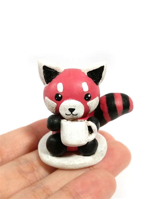 Kawaii Red Panda With Mug Relaxing Polymer Clay Sculpture Figurine Desk