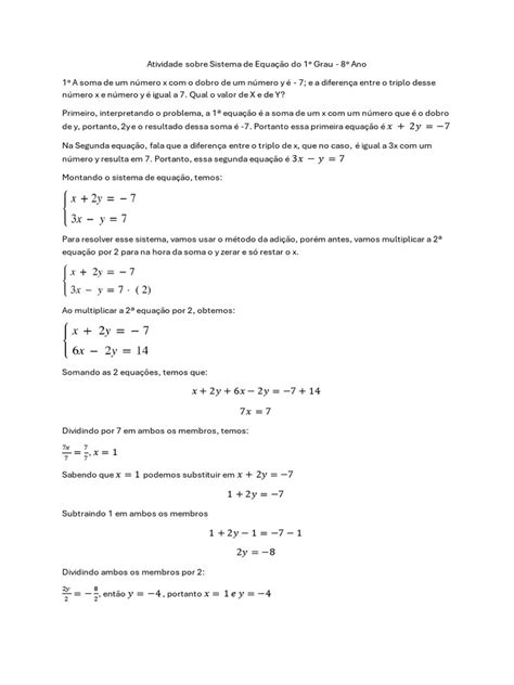 Sistema De Equação Do 1 Grau Pdf - exercicios explicados de sistema de equação do 1º grau | PDF | Equações ...