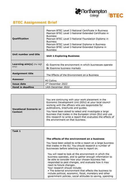 Unit 1 Assignment Brief 2 Mjc Btec Assignment Brief Qualification