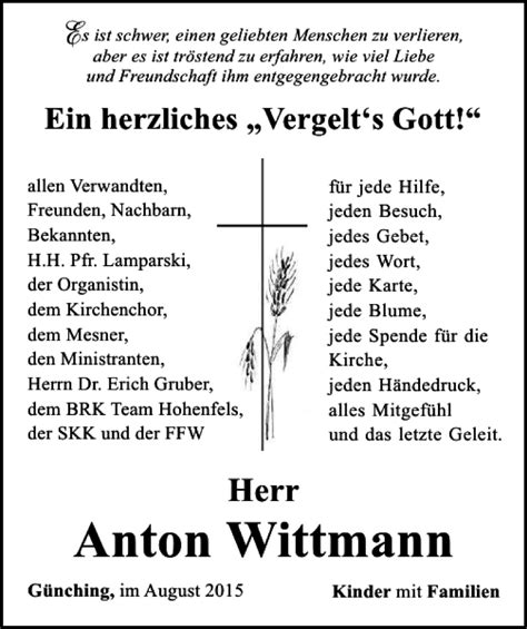 Traueranzeigen Von Anton Wittmann Mittelbayerische Trauer