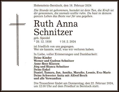 Traueranzeigen Von Ruth Anna Schnitzer Trauer Gea De