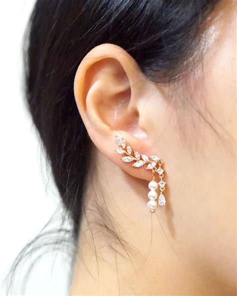 Rose Gold Olive Leaf Climber Earrings Wedding And Special Occasion