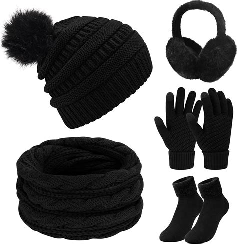 Voqeen 5 Pack Womens Beanie Scarf Gloves Set Winter Knitted Scarf Beanie Pompom Hat Earmuffs