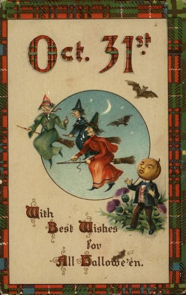 Three Witches Riding Brooms and a Pumkin Head Person Halloween Postcard