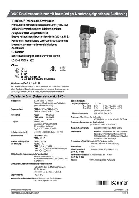 Y Druckmessumformer Mit Frontb Ndiger Membrane Baumer