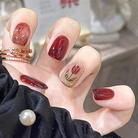 Flowers Press On Nails Short Square Glossy Fake Nails Red Tulip False