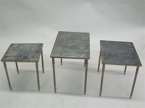 Set 3 French Modern Neoclassical Brass And Mirror Nesting Tables By