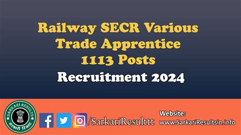 Railway SECR Various Trade Apprentice Recruitment 2024 Apply For 1113 Posts