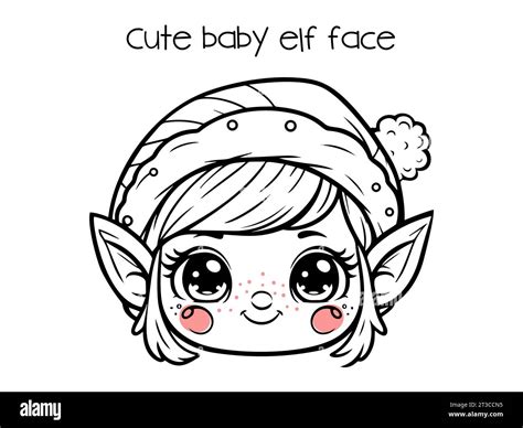 Cute Christmas elf face, Santa's helper, line drawing vector ...